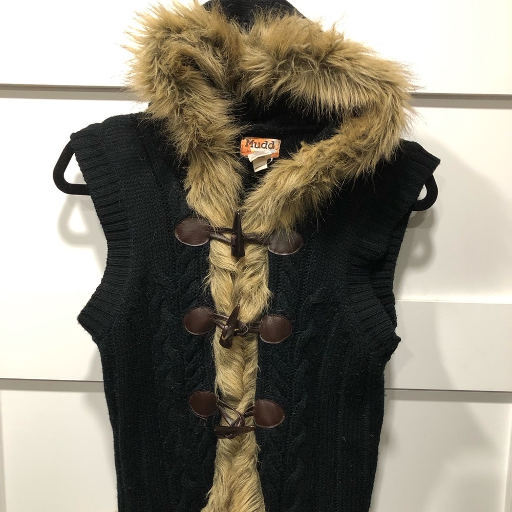 Knit hooded vest with faux fur trim